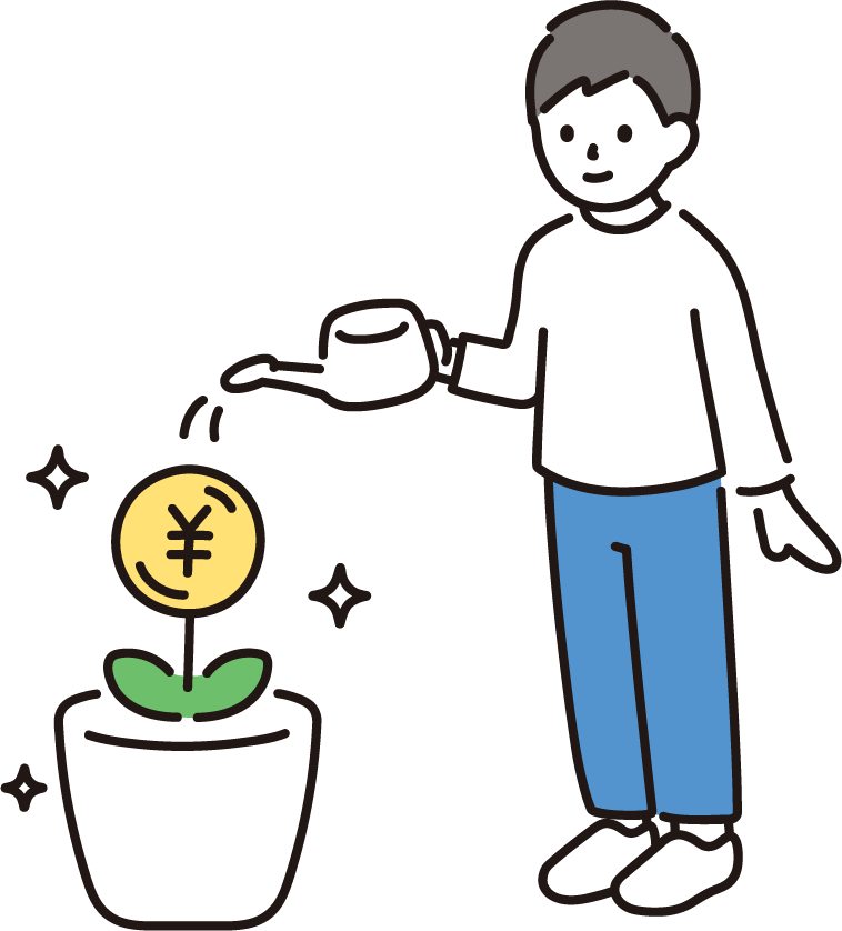 お金のなる木に水をあげている男性